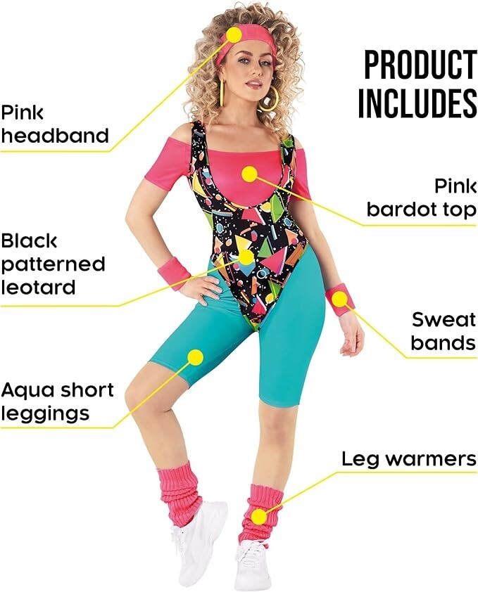 Women`s Fitness Instructor Costume 80`s Retro Gym Workout Leotard + Sweatbands