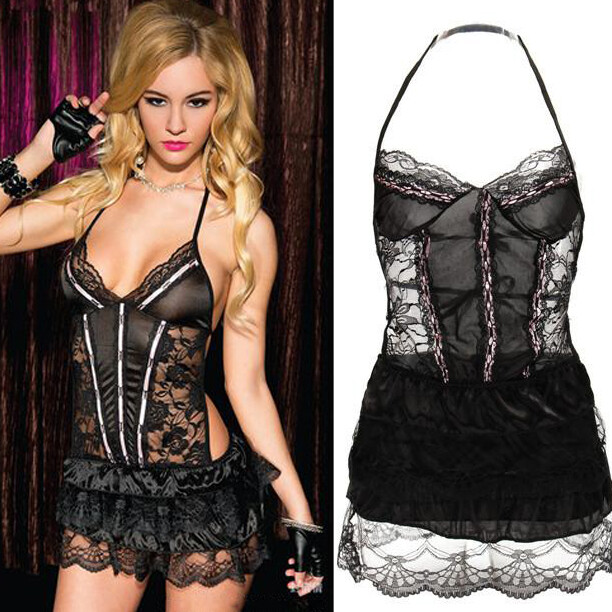 Womens Halter Babydoll Lace Bodysuit Black Mini Dress Charming Teddy Lingerie US
