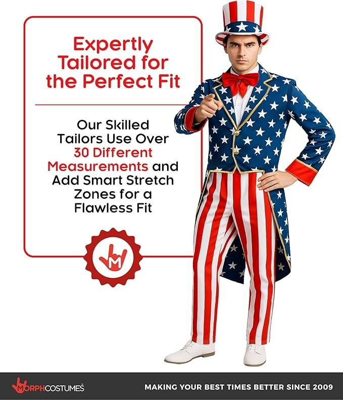 Morph Uncle Sam Costume Adult Patriotic USA American Flag Suit M-XXL 4th of July