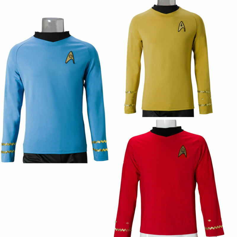 Cosplay TOS Captain Kirk Gold Shirts Spock Blue Uniforms Red Starfleet Tops Mens