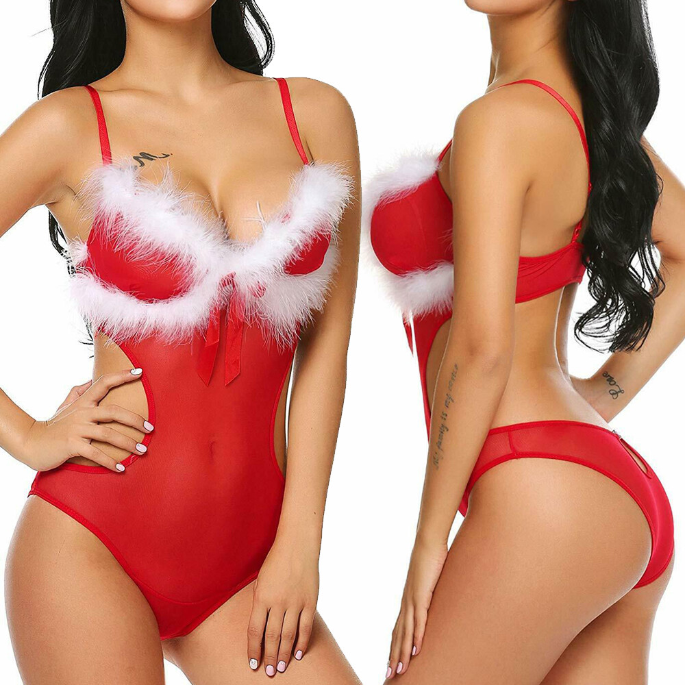 Women-Christmas-Lingerie-Red-Santa-Babydoll-Chemises-Set-Sexy-Santa-Sleepwear-US