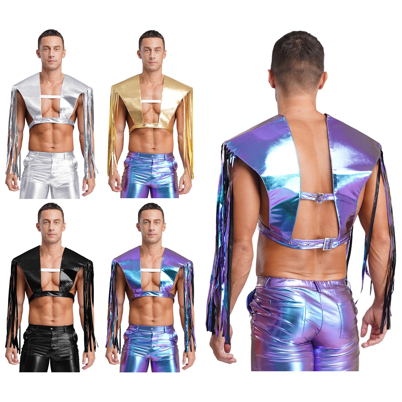 Mens Shrug Rave Tops Metallic Gothic Fringe Armor Holographic Fancy Dress Shiny