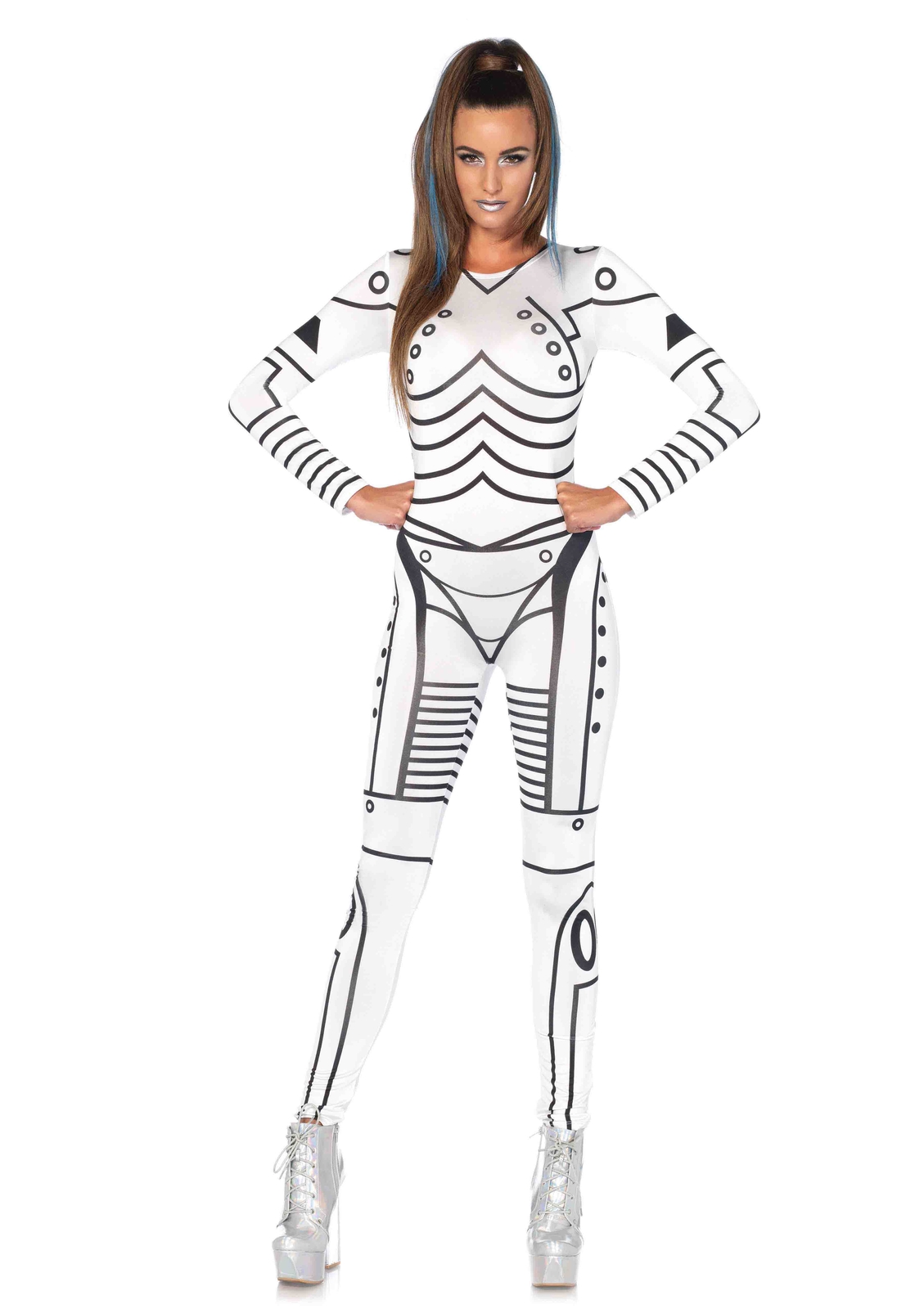 Killer Robot, features sexy printed spandex catsuit