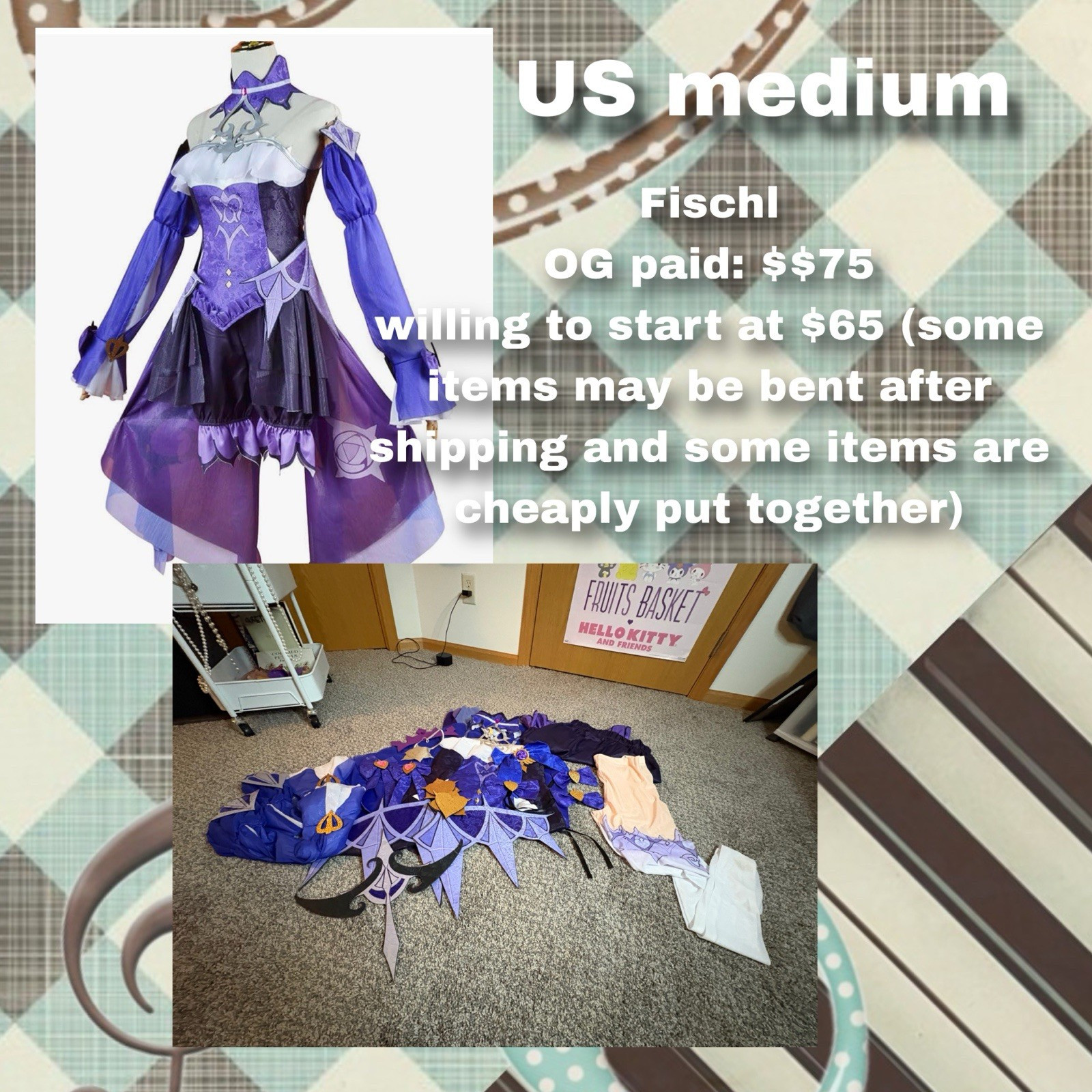 Fischl Cosplay Complete Outfit M Purple Black White Multiple Pieces