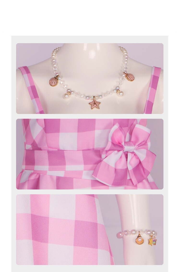 Barbie Girl Pink Plaid Margot Robbie Princess Dress Costume Halloween Cosplay