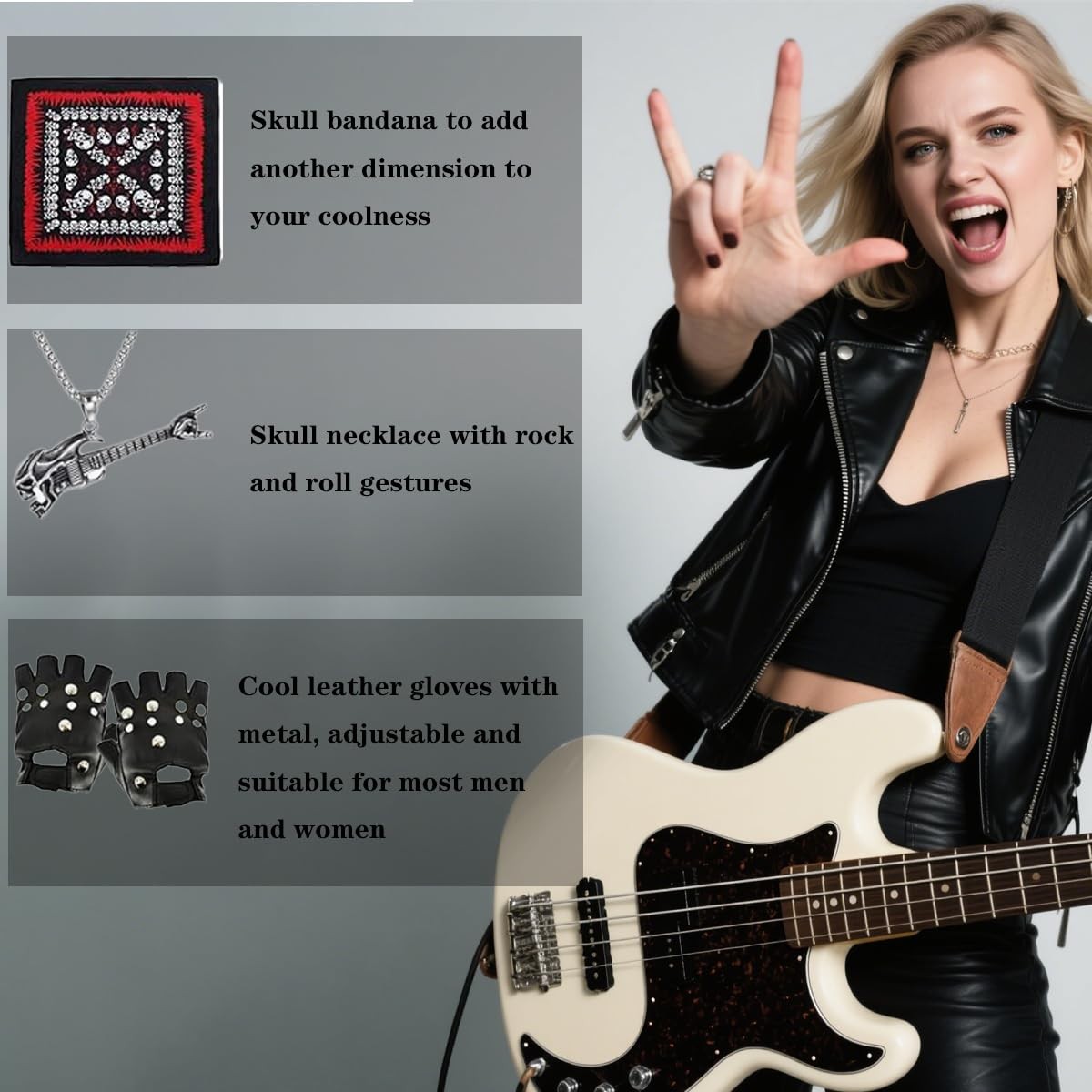 9 PCS 70s 80s 90s Rocker Costume Outfit Accessories with Black Curls Wig