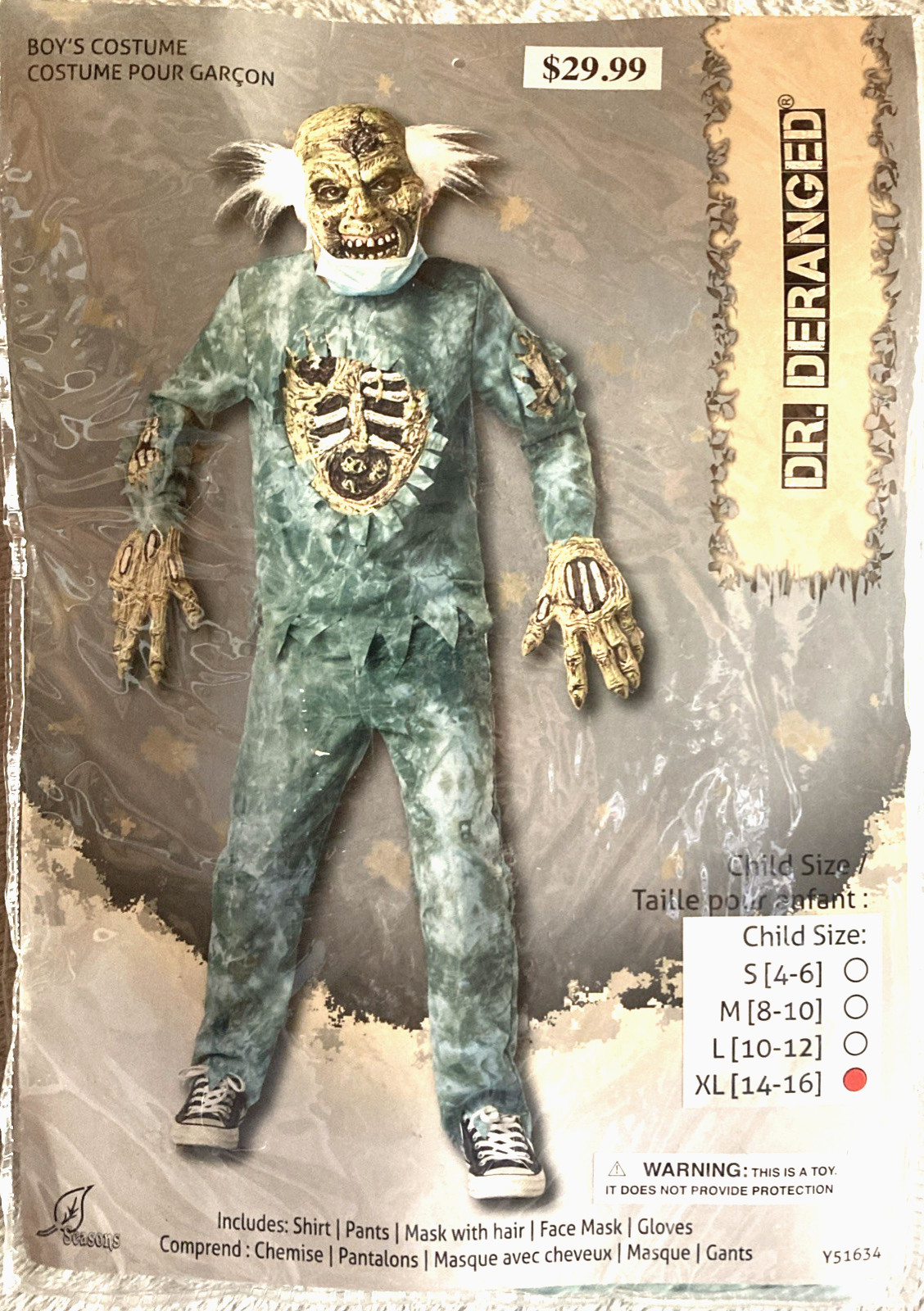 Dr. Deranged Child Halloween Costume Size XL 14-16 Scary Zombie Mask