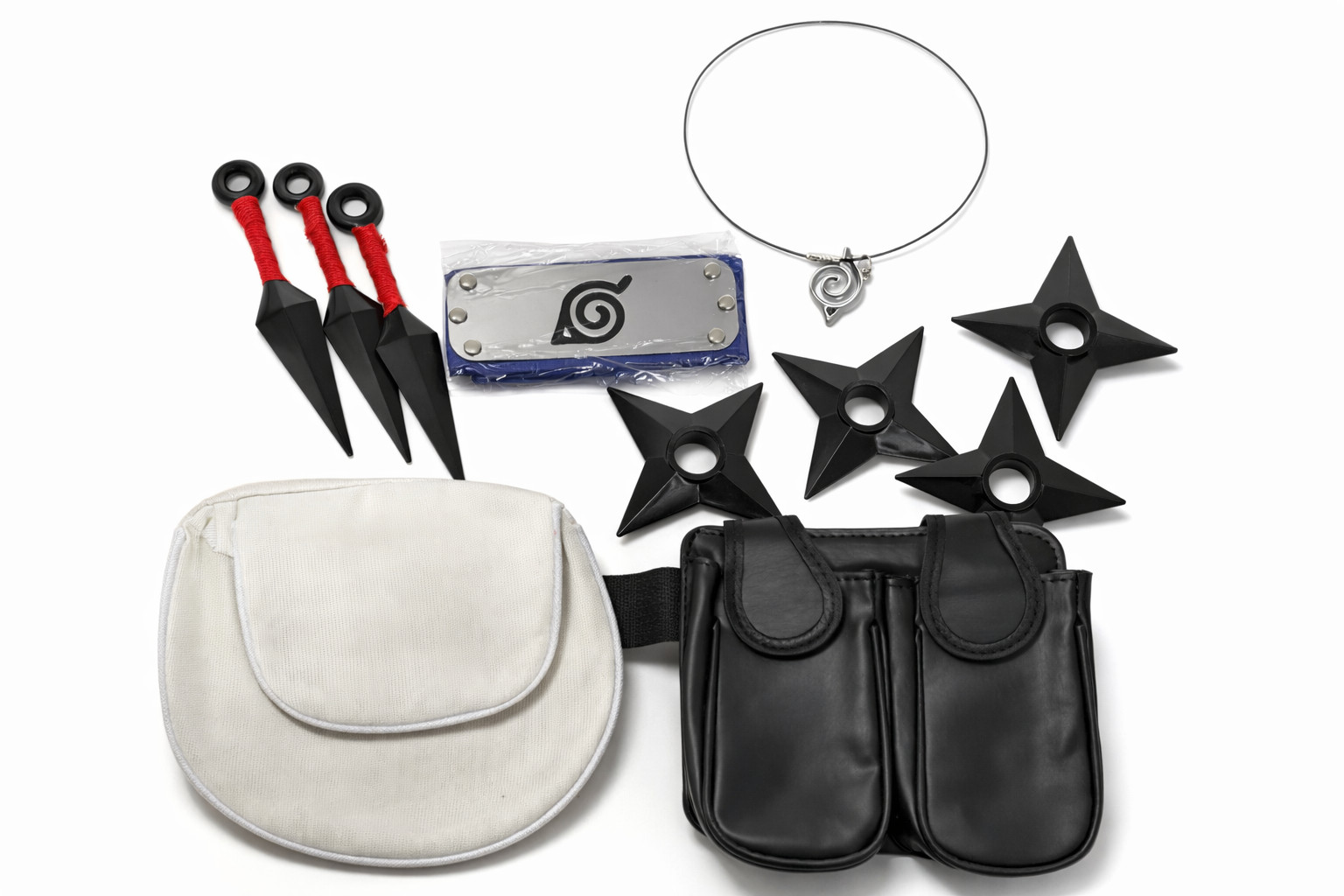 Naruto Ninja Cosplay Accessory Set Kunai Shuriken Leaf Headband Pouch Necklace