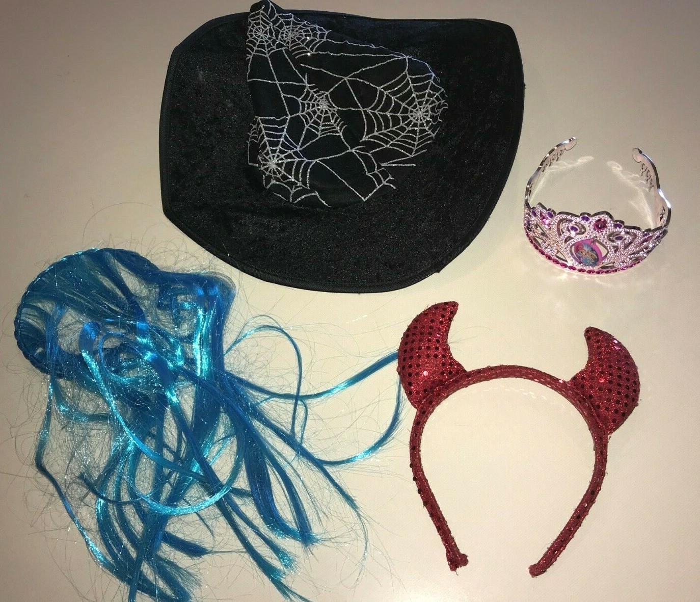 girls black VELVET WITCH HAT DEVIL HORNS HEADBAND BLUE WIG TIARA one size fits m