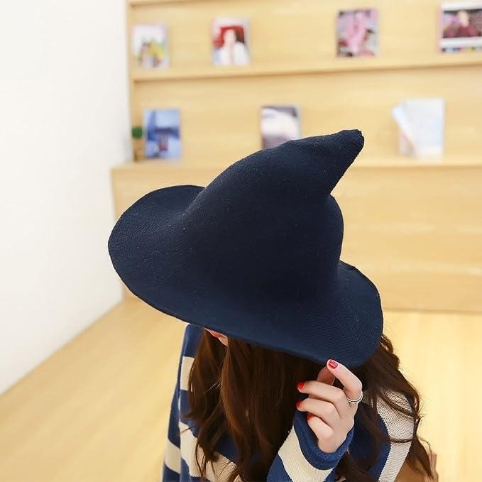 Knit Witch Wizard Hat Wired Brim Foldable Grey Costume Halloween Cosplay
