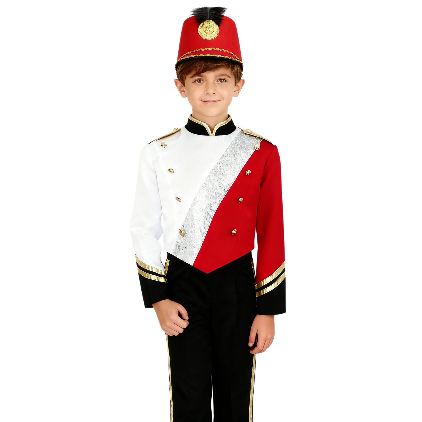 Kids Boys Drummer Marching Band Uniform Long Sleeve Short Jacket with Royal Hat