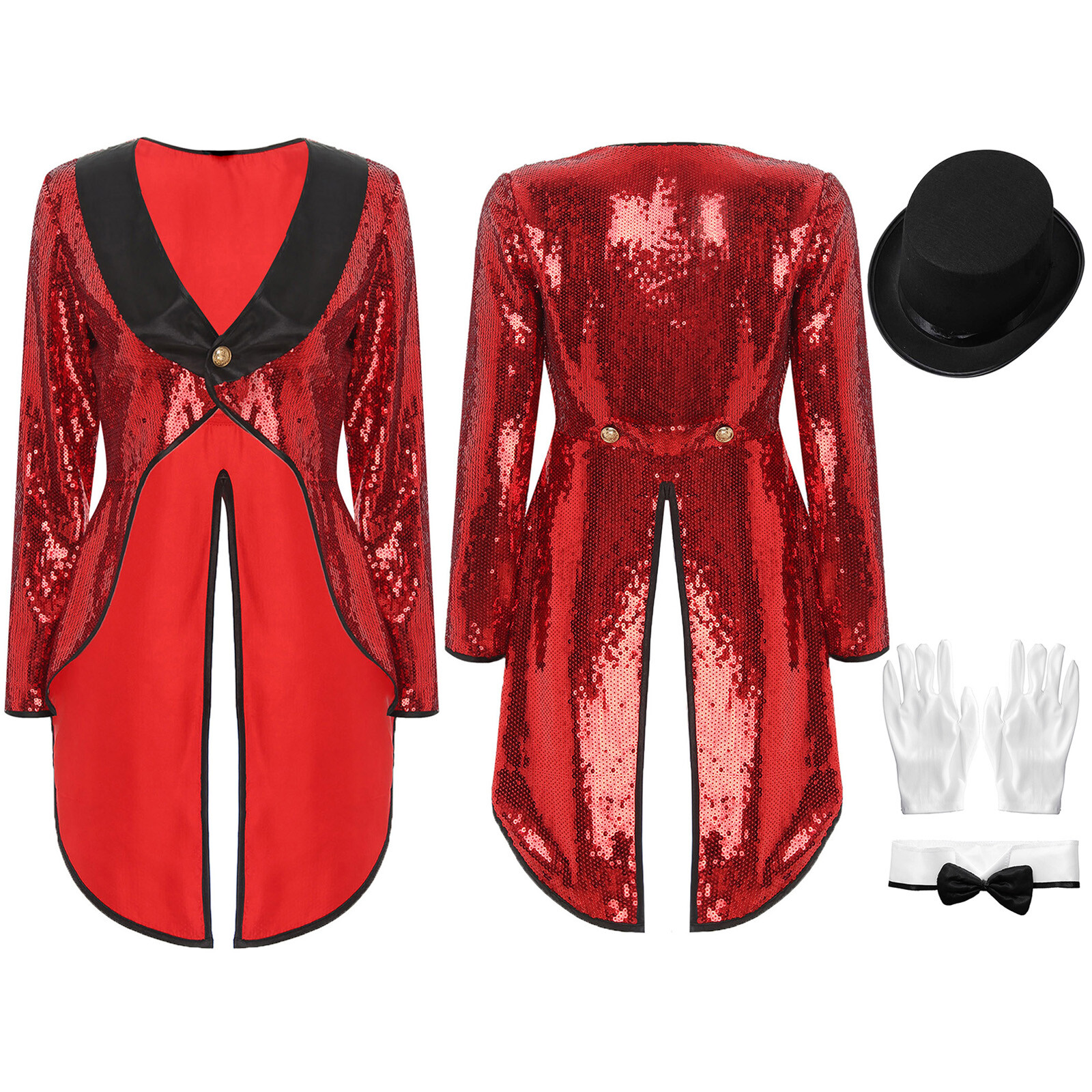 Womens Magician Costume Set Bow Collar Dress Up Role Play Magician Tailcoat Hat