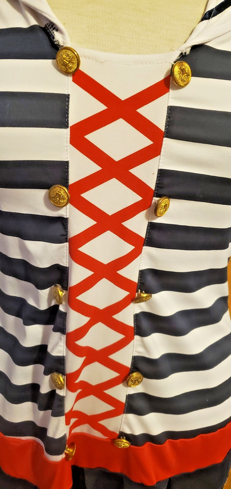 White Sailor Costume Dress & Knee Highs Garters Stockings Red Blue MEDIUM Stripe
