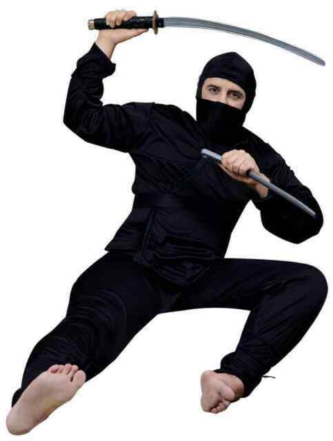 Ninja Costume Adult Black 5 Pc Wrap Shirt Pants Hood Sash & Face Scarf L/Xl