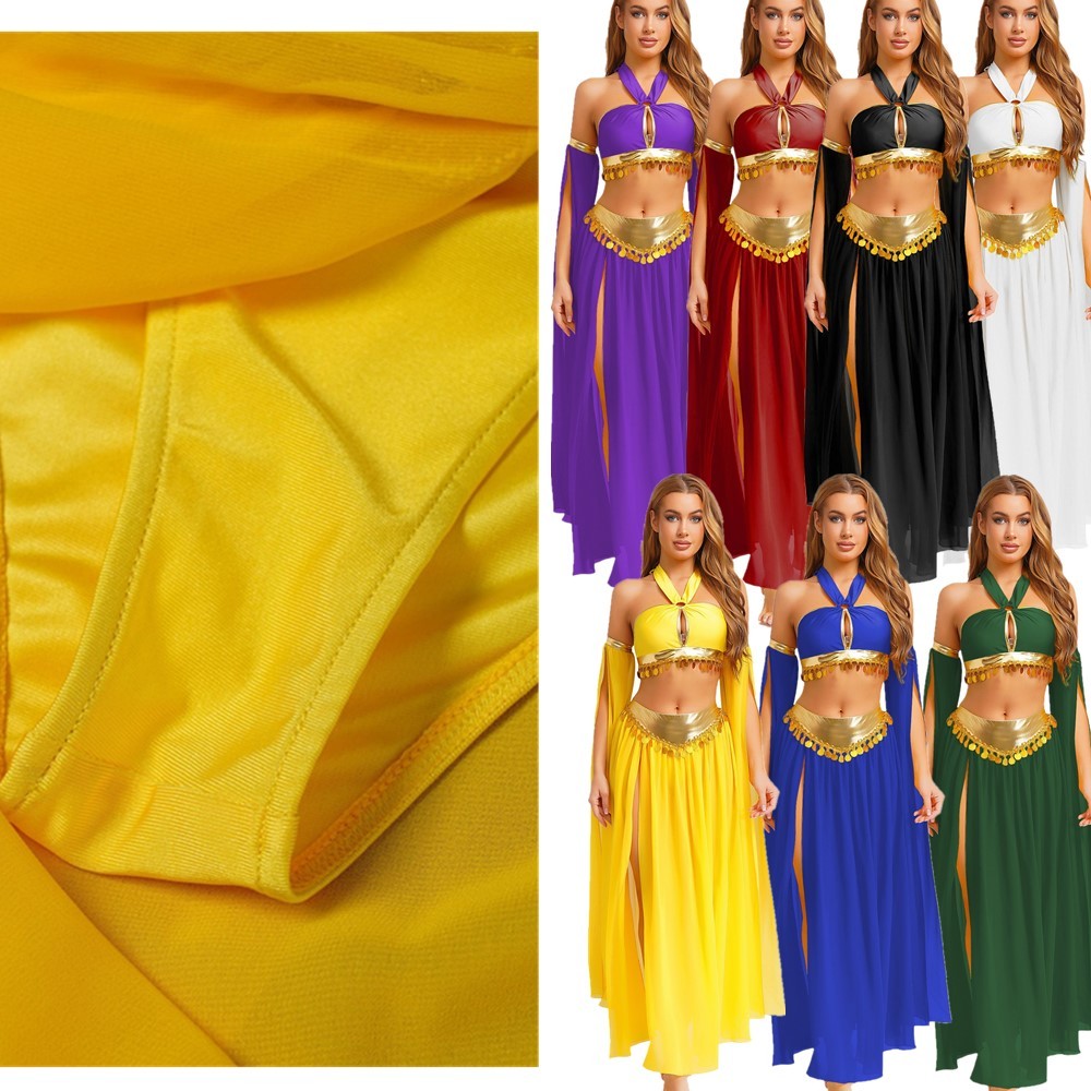 US Women Sexy Arabian Princess Belly Dance Halter Bra Top +Split Skirts +Sleeves