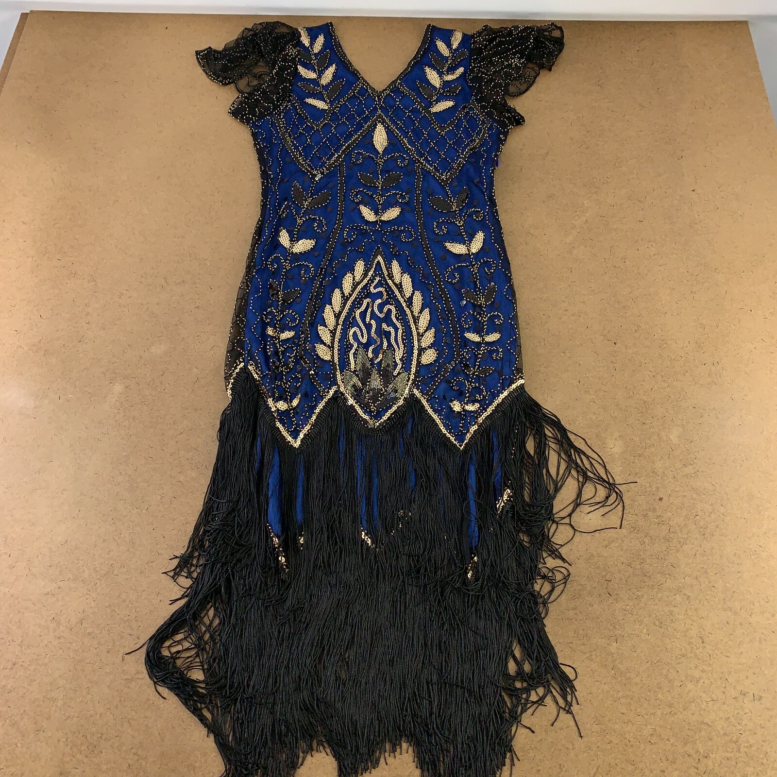 Women’s Small Blue Black Sequin Fringe Flapper Dress & Accessory Set 9 Pieces