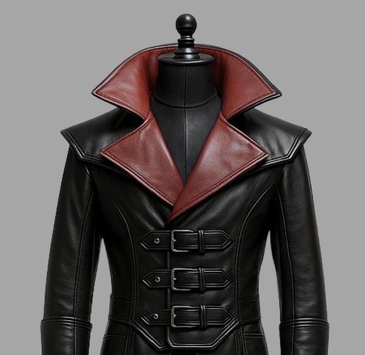 Gothic Vampire Leather Trench Coat, Red Collar Steampunk Costume