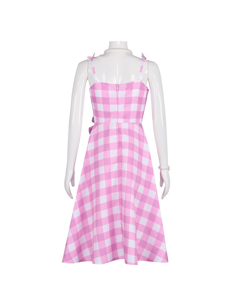 Barbie Girl Pink Plaid Margot Robbie Princess Dress Costume Halloween Cosplay
