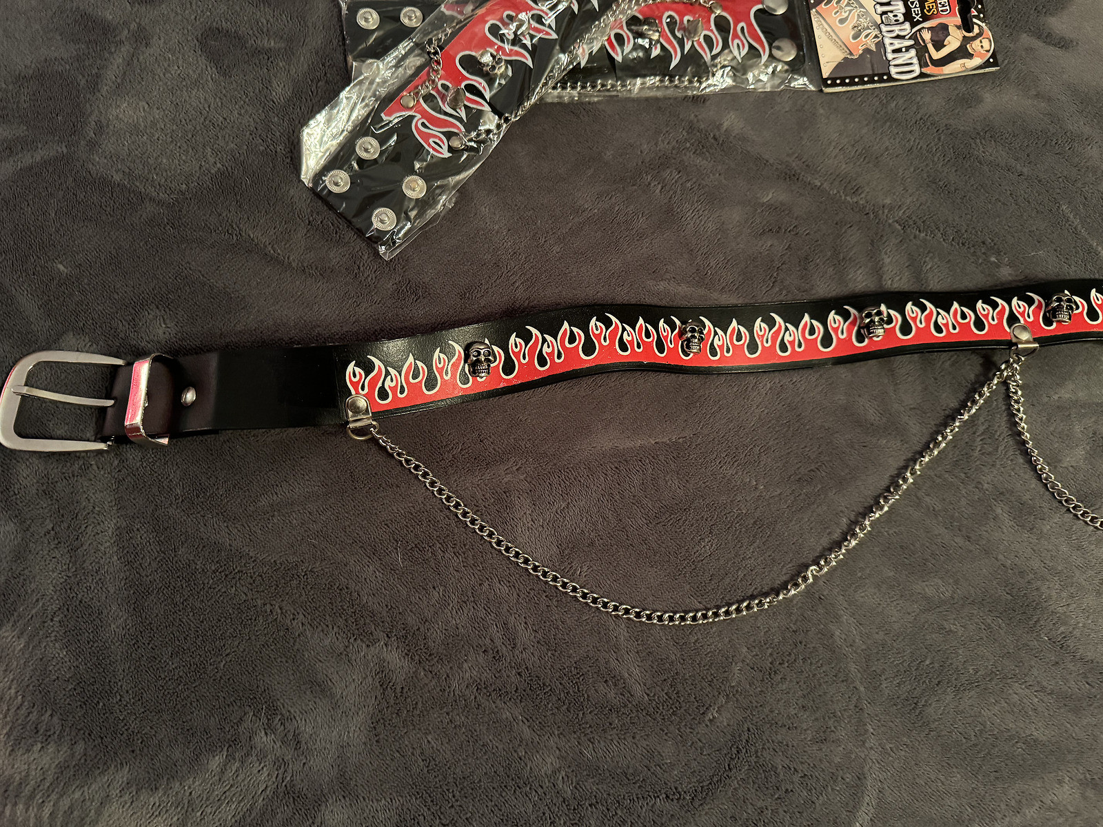 Punk Rock Biker Flame Studded Skull Wristbands, Chain Belt, Choker Costume