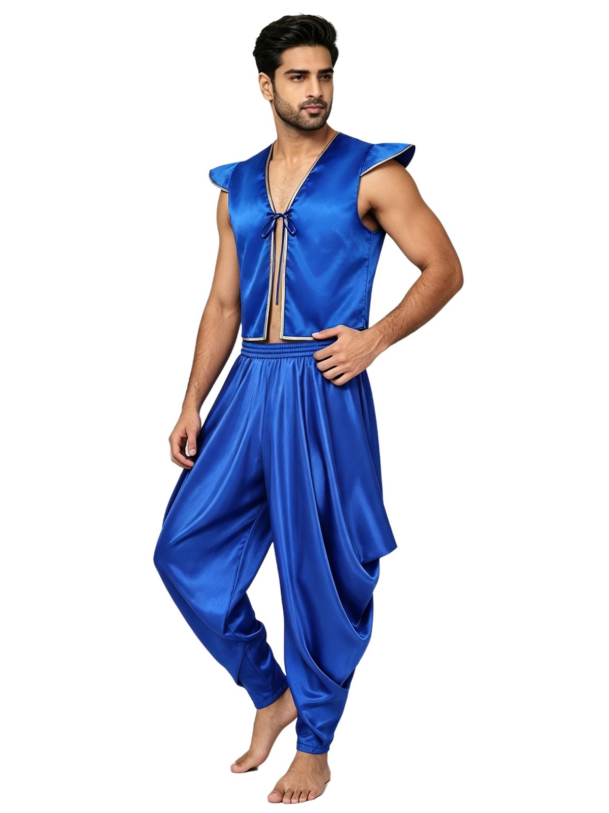 UK Men Arabian Prince Cosplay Crop Vest with Pants Outfit Halloween Rave Dance